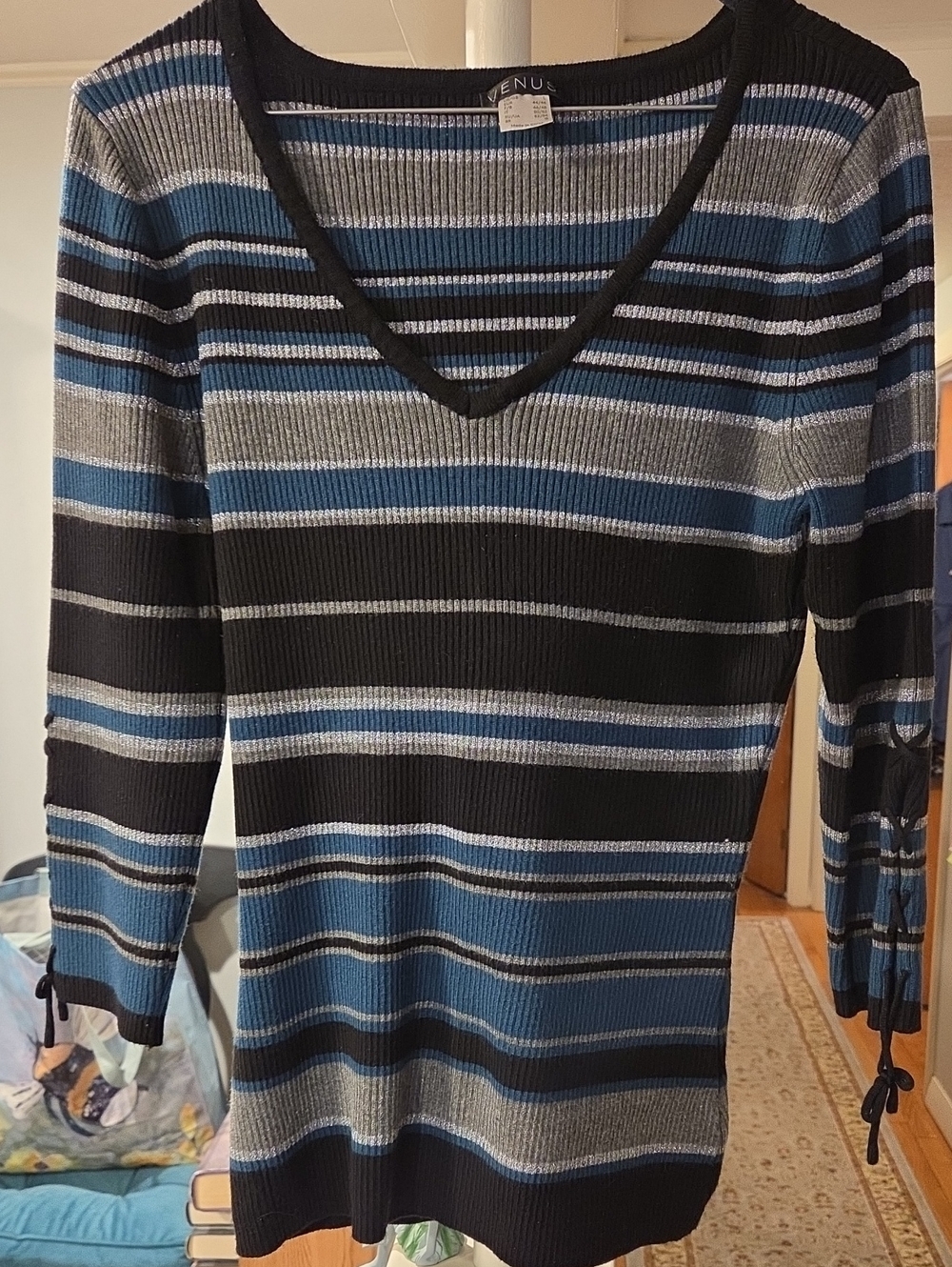 VENUS Blue, Black & Gray Striped V-Neck Sweater